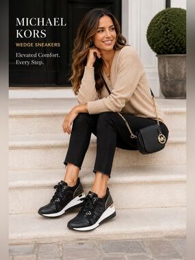 Michael Kors Wedge Sneakers Black Logo Print Gold Accent Hidden Wedge Women’s